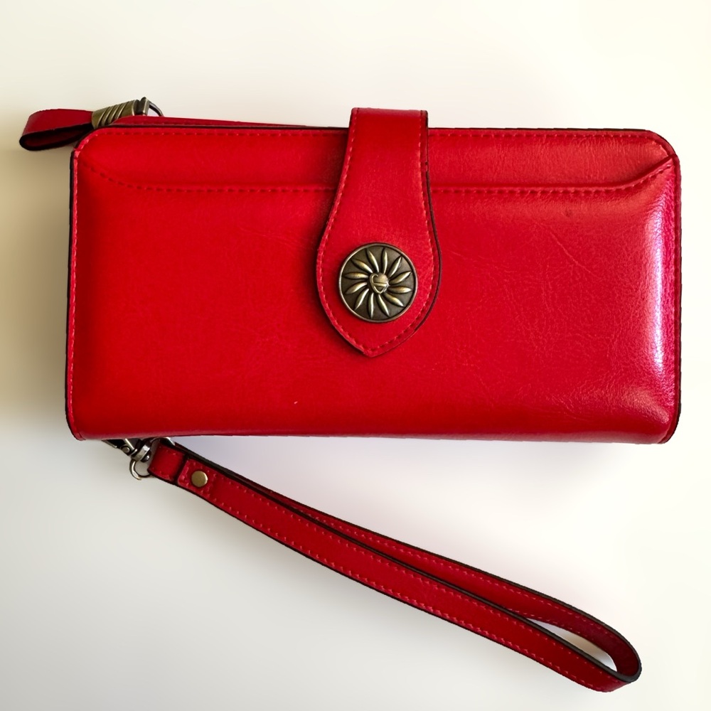 Travelambo Red Leather Wallet Clutch Wristlet Waxed Travel
